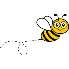 Bee flying on dotted path. Honeybee with glasses. Vector isolated on white.