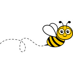 Bee flying on dotted path. Honeybee with glasses. Vector isolated on white.