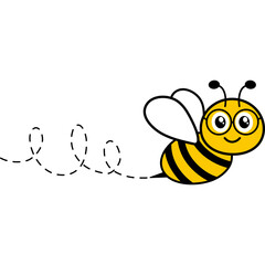 Bee flying on dotted path. Honeybee with glasses. Vector isolated on white.