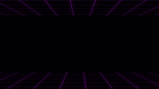 Retro futuristic neon grid tunnel loop featuring moving wireframe perspective floor and ceiling on black background 4K UHD