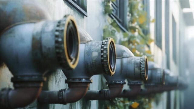 Old, rusty metal pipes against gray concrete wall. Close-up view with focus on industrial pipe texture.