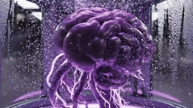 Dramatic purple lightning explosion in a glass laboratory chamber for scientific experiments