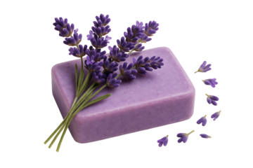Lavender soap bar with flowers isolated on transparent background