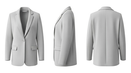 Elegant light gray women's blazer, presented from front, side, and back perspectives, showcasing its tailored silhouette and modern professional style