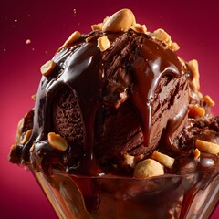 Levitating Roasted Peanuts and Splashing Molten Sauce over Triple Scoop Chocolate Ice Cream Sundae on Magenta Background