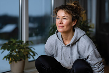A cheerful woman performs a squat exercise by a window while enjoying a serene moment of reflection, symbolizing fitness and inner peace in her daily routine.