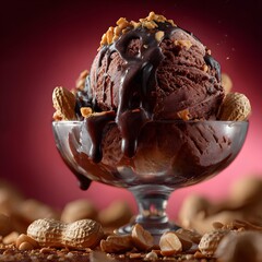 Levitating Roasted Peanuts and Splashing Molten Sauce over Triple Scoop Chocolate Ice Cream Sundae on Magenta Background