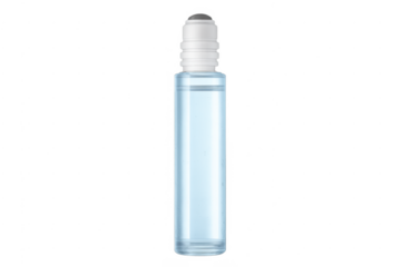 Glass roller bottle containing cosmetic liquid on transparent background