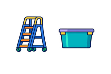 Cartoon ladder and storage bin on dark background