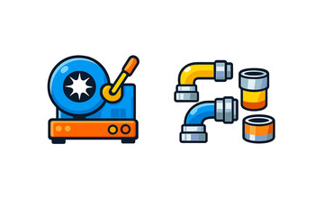 Stylized icons of a vintage projector and plumbing pipes