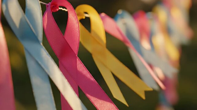 Cancer Awareness Ribbons in Pink, Yellow and Blue Symbolizing Hope and Support for Cancer Day Appreciation and