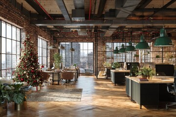 Fototapeta premium Modern Loft Office with Christmas Decorations