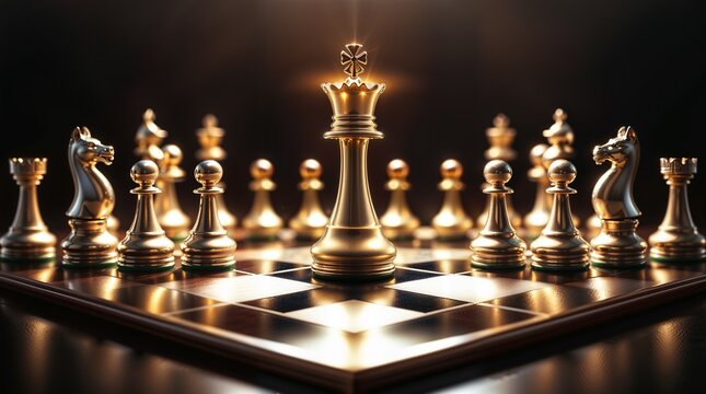 A majestic golden king chess piece stands upright at the center of a polished chessboard, radiating a warm, luminous glow that immediately draws the eye