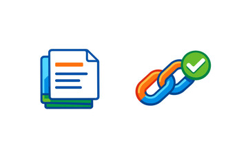 Iconography of documents and linked chain with checkmark