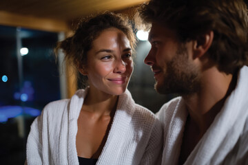 In a calming sauna, a couple shares a moment of connection, captured in soft light highlighting their warmth and mutual affection while emphasizing the cozy atmosphere.