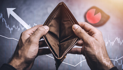 Financial crisis empty wallet, personal debt, recession and economic stress