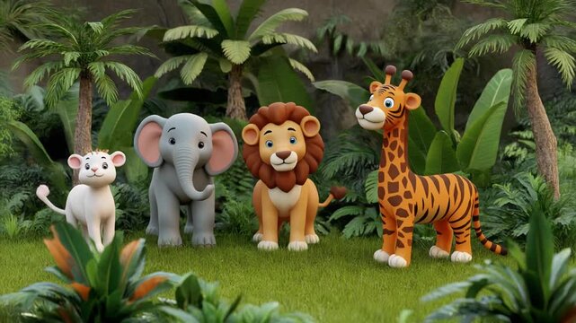 "Show cartoon-style jungle scene with four animals on grassy area: white mouse, gray elephant, brown-yellow lion, orange-black giraffe, surrounded by lush green vegetation and palm trees, friendly fea