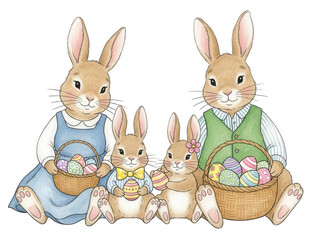 Easter bunny family with easter eggs in baskets, cute illustration