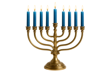 Menorah with blue candles isolated on transparent background