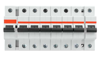 Close-up of electrical components, arranged in a row, with levers and screws visible. White housing, a red stripe, and dark levers