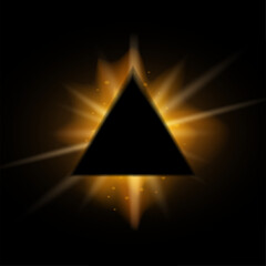 Fototapeta premium Realistic solar eclipse with triangle shape, shining star, lens flare yellow light overlay effect on black background. Vector glowing sunlight pyramid in black space. For banner, decoration, cover