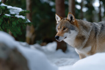 Obraz premium A stunning portrait of a majestic wolf against a snowy forest backdrop, capturing its wild beauty and the serene yet powerful essence of nature in winter.