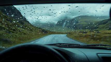 Rain falls on a winding road surrounded by green hills and a waterfall in the distance during a cloudy day