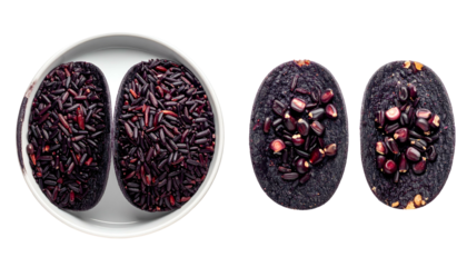 Close-up of black rice preparations; one bowl of cooked rice and two other oval shapes