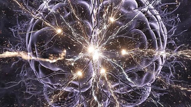 Human brain with glowing electrical neural activity and firing synapses, neurology and artificial intelligence concept.