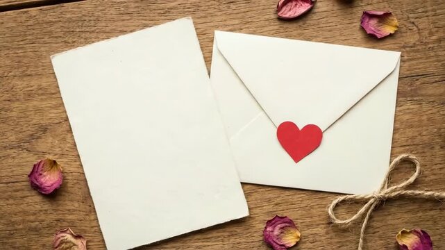 Blank paper Valentine card mockup on wooden table with envelope and heart