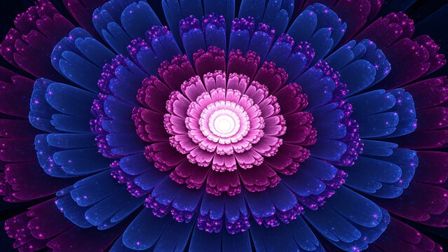 Symmetrical abstract fractal flower design featuring brilliant magenta and deep blue layered petals in intricate digital detail - Powered by Adobe
