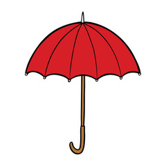 A vibrant red umbrella stands out against a soft, rainy backdrop, symbolizing warmth, protection, and romance as raindrops fall gently around it on a quiet city street at dusk.
