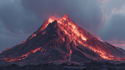 Lava volcano eruption molten mountain landscape fiery magma flow volcanic crater glow dark ash cloud sky dramatic nature power hot lava river glowing rock terrain volcanic night scene active