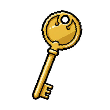 an all-round golden key to open every treasure chest, Pixel art 8 bit objects. Retro game assets.