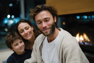A warm and intimate family gathering, showcasing a mother, father, and child smiling softly in front of a fireplace, exuding love and comfort in their serene environment.