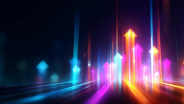 Technology growth arrow up. Glowing colorful success arrows pointing upward. Growing up, upward trending arrows with a bokeh background. Technology success and digital growth converge profit abstract.