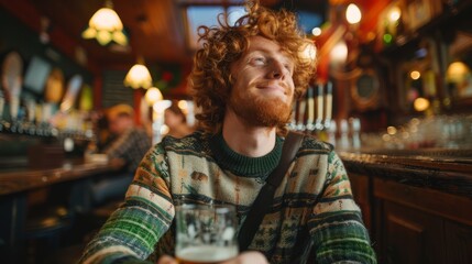 Obraz premium Young man with red hair and beard holding a glass of beer, smiling and enjoying time in a pub