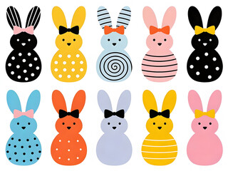 Fototapeta premium Colorful bunnies with bows in playful patterns, Eastern pattern