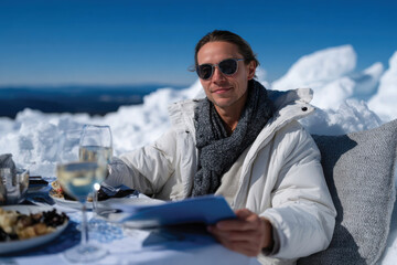 A man sits stylishly outdoors, reading a menu while enjoying a glass of wine at a snowy mountaintop restaurant, embodying luxury and winter adventure.