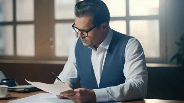 A businessman wearing a blue suit and vest, eye glasses, pens and papers. He is sitting at a wooden table.