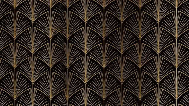 An elegant art deco pattern features repeating golden fan shapes against a dark sophisticated and contrasting black background