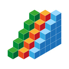Multi color block. Isometric cube Vector. Geometric prism element. Vibrant stair stack structure.