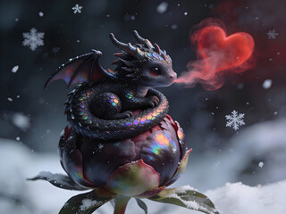 Baby dragon breathes heart in frosty fantasy world, Valentine's Day
