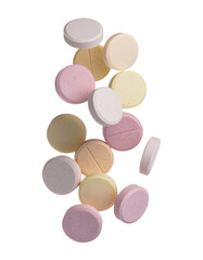 Obraz premium Colorful Pastel Tablets and Pills Floating in Air on Transparent Background