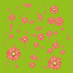 Pink flower background. Green grass texture. Bloom floral Vector. Spring summer pattern.