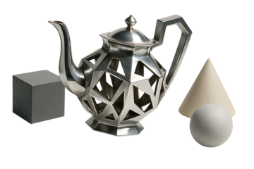 Modern metallic teapot with geometric shapes isolated on transparent background