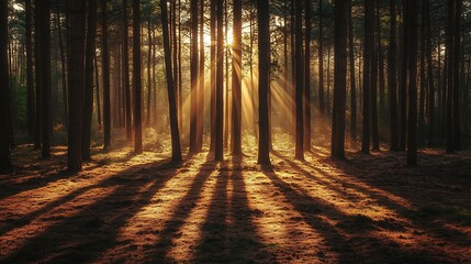 Obraz premium Sunlight streams through forest trees creating shadows and a sense of depth