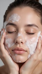 A close-up shot of a woman's washing her face with foam cleanser