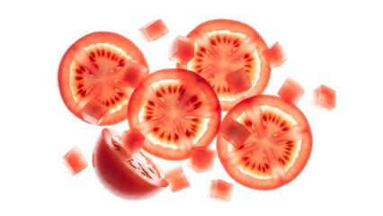 Sliced fresh red tomatoes with diced pieces floating against a bright white background in studio light