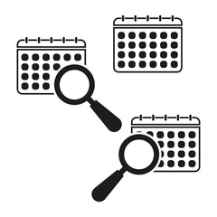Calendar search icons. Schedule inspection Vector. Date finding symbol. Professional planning tool item.
